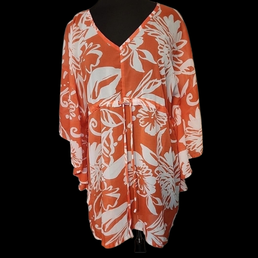 PORTOCRUZ Floral Orange and White Women's Top Bathing Suit Cover, Kimono Medium